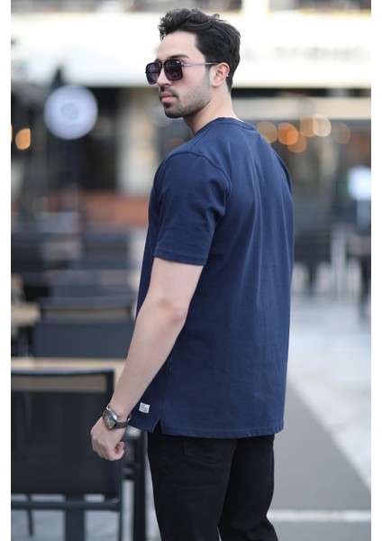 Erkek Bisiklet Yaka Regular Fit Pamuklu T-Shirt Lacivert - 5446