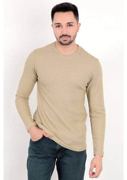 Erkek Vizon Bisiklet Yaka Slim Fit Esnek Waffle Kumaş Dokulu Uzun Kollu T-Shirt - 5073-2