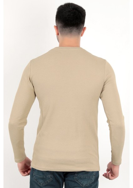 Erkek Vizon Bisiklet Yaka Slim Fit Esnek Waffle Kumaş Dokulu Uzun Kollu T-Shirt - 5073-2 fiyatları
