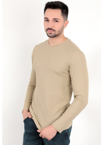 Erkek Vizon Bisiklet Yaka Slim Fit Esnek Waffle Kumaş Dokulu Uzun Kollu T-Shirt - 5073-2 modelleri
