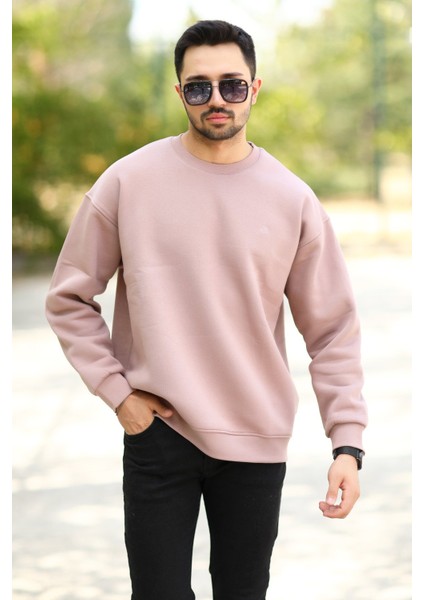 Erkek Oversize Sweatshirt Pembe Bisiklet Yaka Jb Nakışlı 3ip Şardonlu Pamuk Karışımlı - 5405