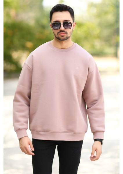 Erkek Oversize Sweatshirt Pembe Bisiklet Yaka Jb Nakışlı 3ip Şardonlu Pamuk Karışımlı - 5405 modelleri