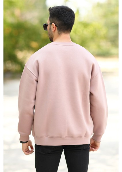 Erkek Oversize Sweatshirt Pembe Bisiklet Yaka Jb Nakışlı 3ip Şardonlu Pamuk Karışımlı - 5405 fırsatları