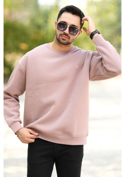 Erkek Oversize Sweatshirt Pembe Bisiklet Yaka Jb Nakışlı 3ip Şardonlu Pamuk Karışımlı - 5405 indirimleri