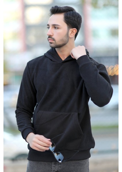 Erkek Kapüşonlu Oversize Sweatshirt Siyah Kanguru Cep Intersoft Hoodie - 5738
