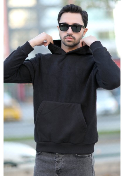 Erkek Kapüşonlu Oversize Sweatshirt Siyah Kanguru Cep Intersoft Hoodie - 5738