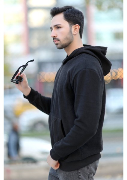Erkek Kapüşonlu Oversize Sweatshirt Siyah Kanguru Cep Intersoft Hoodie - 5738