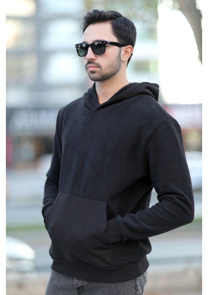Erkek Kapüşonlu Oversize Sweatshirt Siyah Kanguru Cep Intersoft Hoodie - 5738