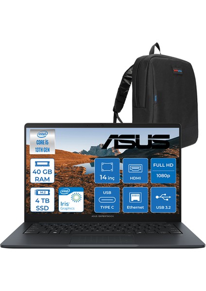 Expertbook B1 B1403CVA Intel Core I5-1334U 40GB Ddr5 4tb SSD Intel Iris x Graphics 14" Fhd LED 300NITS Freedos Taşınabilir Bilgisayar B1403CVAF16 + Zettaçanta
