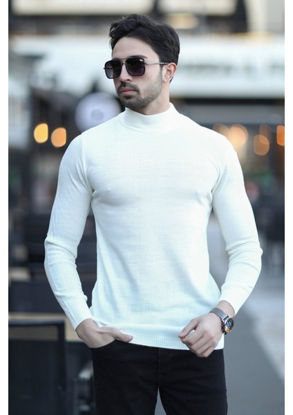 Erkek Yarım Balıkçı Yaka Yünlü Triko Kazak Ekru - YB-511