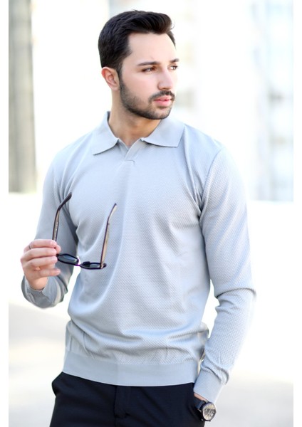 Erkek Gri Polo Yaka %100 Mikro Flament Örme Ribanalı Triko Sweatshirt - 1920