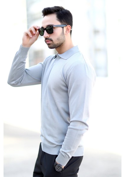 Erkek Gri Polo Yaka %100 Mikro Flament Örme Ribanalı Triko Sweatshirt - 1920 fiyatları