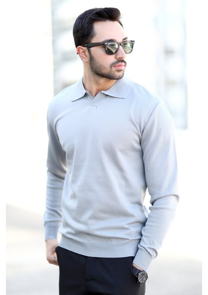 Erkek Gri Polo Yaka %100 Mikro Flament Örme Ribanalı Triko Sweatshirt - 1920 modelleri