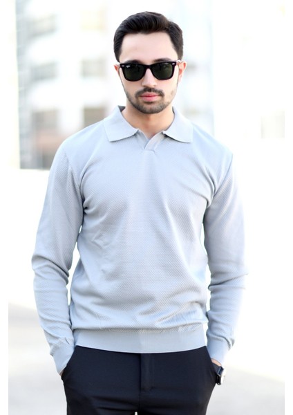 Erkek Gri Polo Yaka %100 Mikro Flament Örme Ribanalı Triko Sweatshirt - 1920 fırsatları