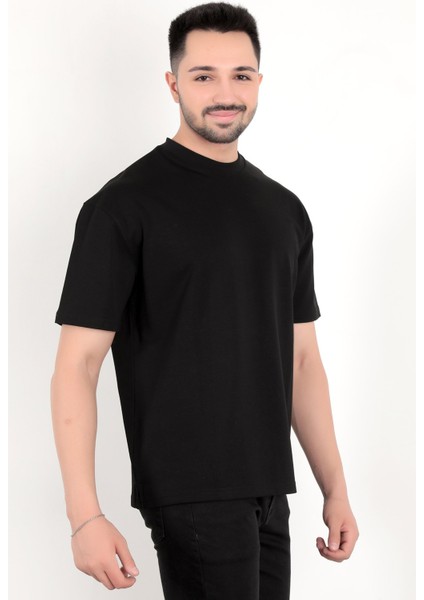 Erkek Siyah Eteği Baskılı Pamuklu Oversize T-Shirt