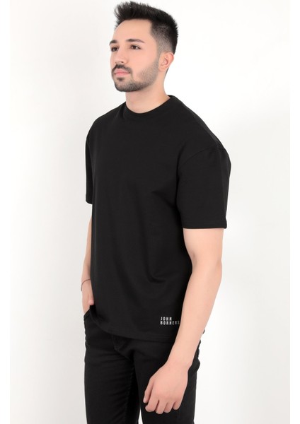 Erkek Siyah Eteği Baskılı Pamuklu Oversize T-Shirt fiyatları