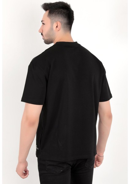 Erkek Siyah Eteği Baskılı Pamuklu Oversize T-Shirt modelleri