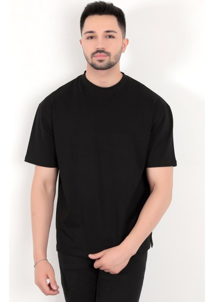 Erkek Siyah Eteği Baskılı Pamuklu Oversize T-Shirt fırsatları