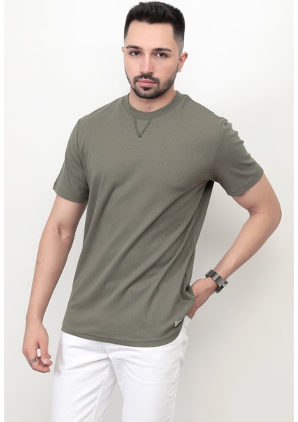 Baskısız Erkek T-Shirt o Yaka Regular Fit T-Shirt Haki - 2407
