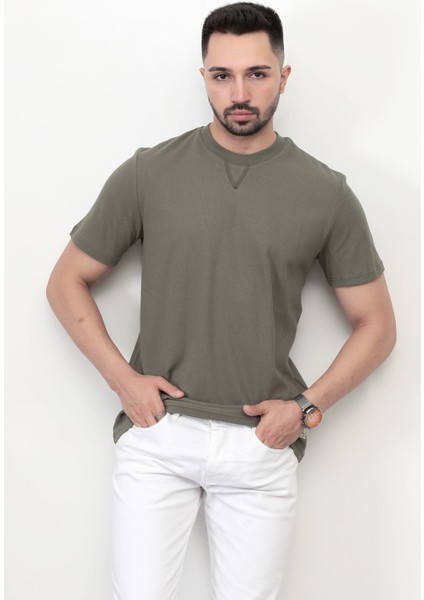 Baskısız Erkek T-Shirt o Yaka Regular Fit T-Shirt Haki - 2407
