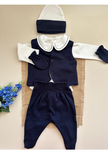 Yelekli Hastane Çıkışı Set - Lacivert / (Yelek, Pantolon, Body, Bere, Eldiven) fırsatları