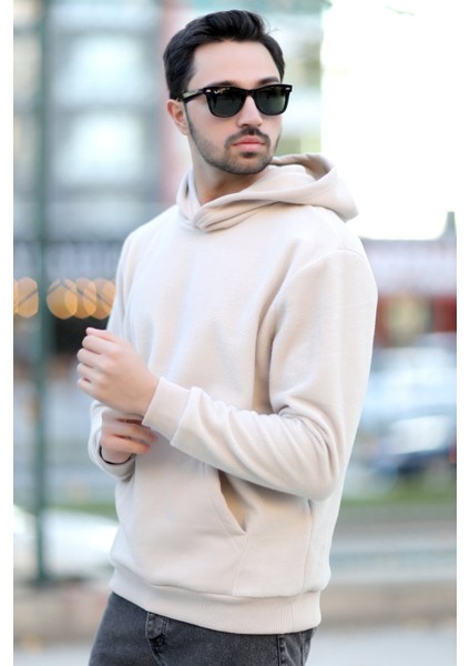 Erkek Kapüşonlu Oversize Sweatshirt Bej Kanguru Cep Intersoft Hoodie - 5738