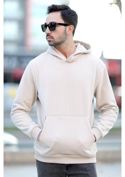 Erkek Kapüşonlu Oversize Sweatshirt Bej Kanguru Cep Intersoft Hoodie - 5738 fiyatları