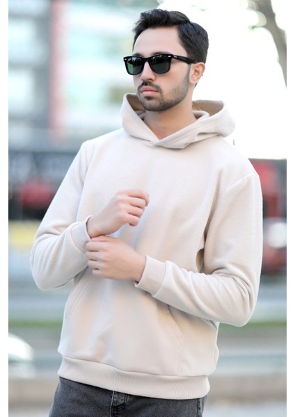 Erkek Kapüşonlu Oversize Sweatshirt Bej Kanguru Cep Intersoft Hoodie - 5738 modelleri