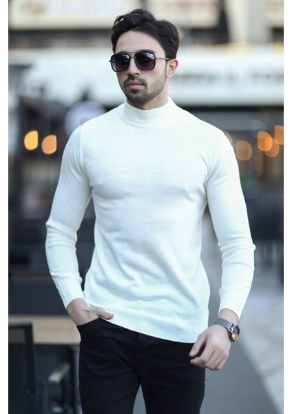 Erkek Yarım Balıkçı Yaka Yünlü Triko Kazak Ekru - YB-511 fiyatları