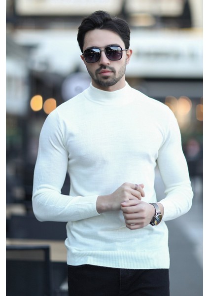 Erkek Yarım Balıkçı Yaka Yünlü Triko Kazak Ekru - YB-511 fırsatları