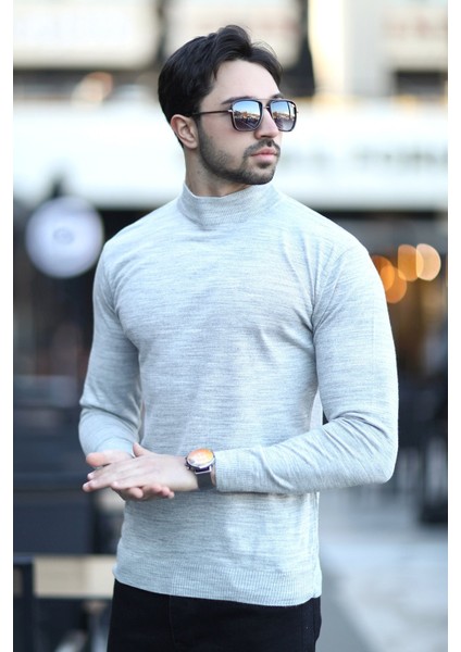 Erkek Yarım Balıkçı Yaka Yünlü Triko Kazak Gri - YB-511