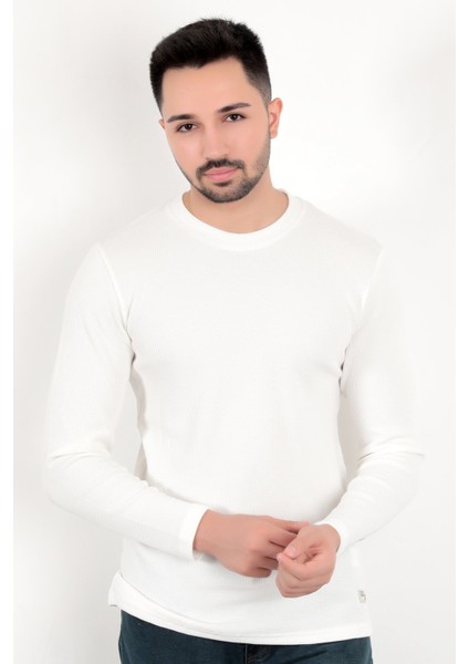 Erkek Beyaz Bisiklet Yaka Slim Fit Esnek Waffle Kumaş Dokulu Uzun Kollu T-Shirt - 5073-2