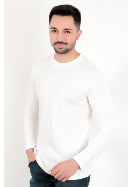 Erkek Beyaz Bisiklet Yaka Slim Fit Esnek Waffle Kumaş Dokulu Uzun Kollu T-Shirt - 5073-2 fiyatları
