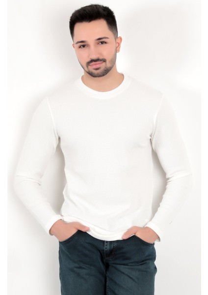 Erkek Beyaz Bisiklet Yaka Slim Fit Esnek Waffle Kumaş Dokulu Uzun Kollu T-Shirt - 5073-2 modelleri
