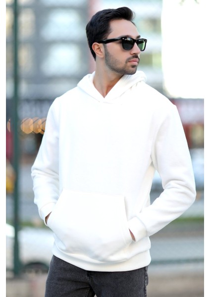 Erkek Kapüşonlu Oversize Sweatshirt Beyaz Kanguru Cep Intersoft Hoodie - 5738