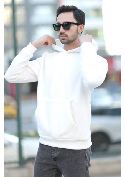 Erkek Kapüşonlu Oversize Sweatshirt Beyaz Kanguru Cep Intersoft Hoodie - 5738