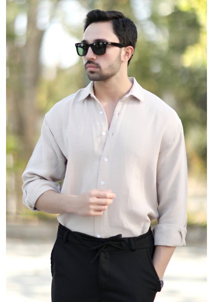 Erkek Pamuk Karışımlı Cepsiz Müslin gömlek Bej - 16701