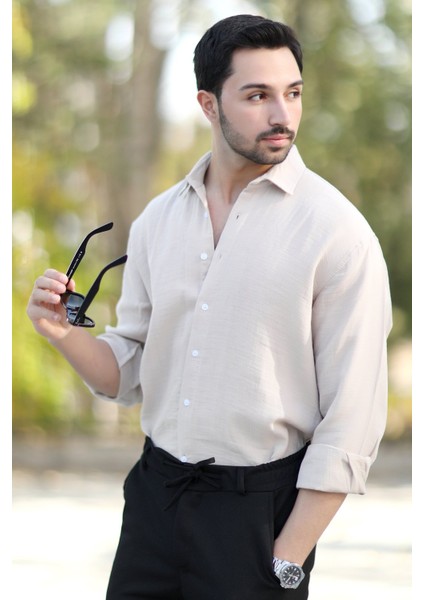 Erkek Pamuk Karışımlı Cepsiz Müslin gömlek Bej - 16701 fiyatları