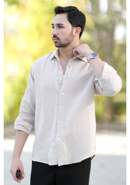 Erkek Pamuk Karışımlı Cepsiz Müslin gömlek Bej - 16701 modelleri