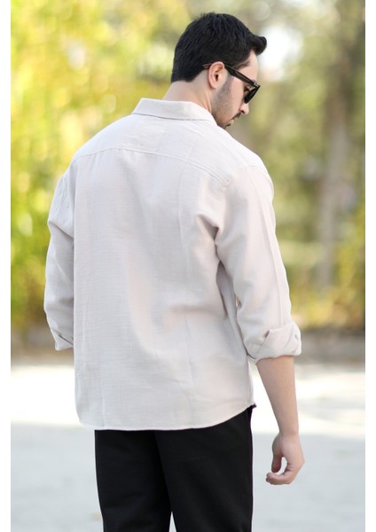 Erkek Pamuk Karışımlı Cepsiz Müslin gömlek Bej - 16701 fırsatları