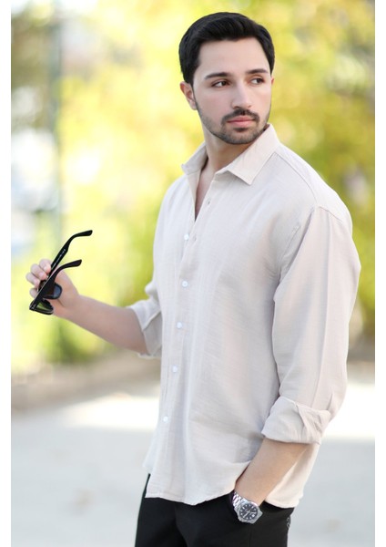 Erkek Pamuk Karışımlı Cepsiz Müslin gömlek Bej - 16701 indirimleri