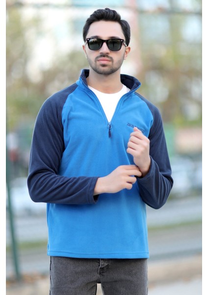 Erkek Dik Yaka Polar Saks Lacivert Garnili Yarım Fermuar Nakışlı - 6055 fiyatları