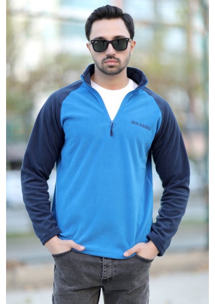 Erkek Dik Yaka Polar Saks Lacivert Garnili Yarım Fermuar Nakışlı - 6055 modelleri