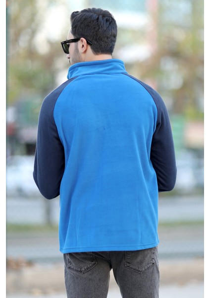 Erkek Dik Yaka Polar Saks Lacivert Garnili Yarım Fermuar Nakışlı - 6055 fırsatları