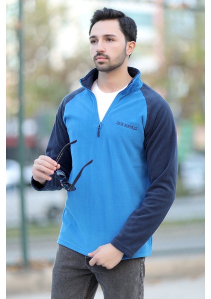 Erkek Dik Yaka Polar Saks Lacivert Garnili Yarım Fermuar Nakışlı - 6055 indirimleri