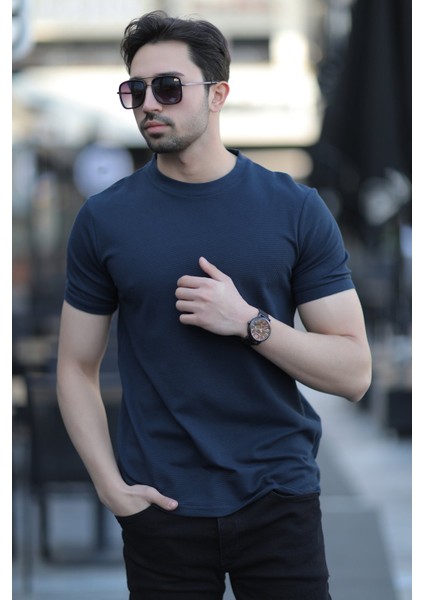 Erkek Bisiklet Yaka Dokulu Pamuklu T-Shirt Lacivert - 2639