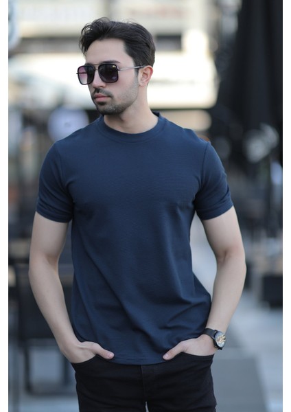 Erkek Bisiklet Yaka Dokulu Pamuklu T-Shirt Lacivert - 2639 modelleri