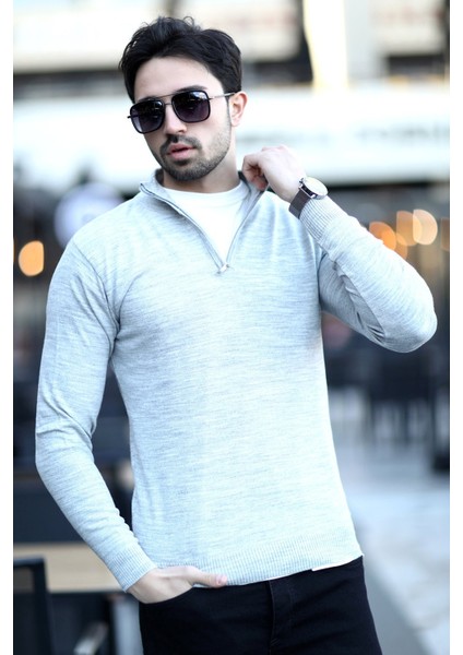 Erkek Dik Yaka Yarım Fermuarlı Triko Kazak Gri - 517