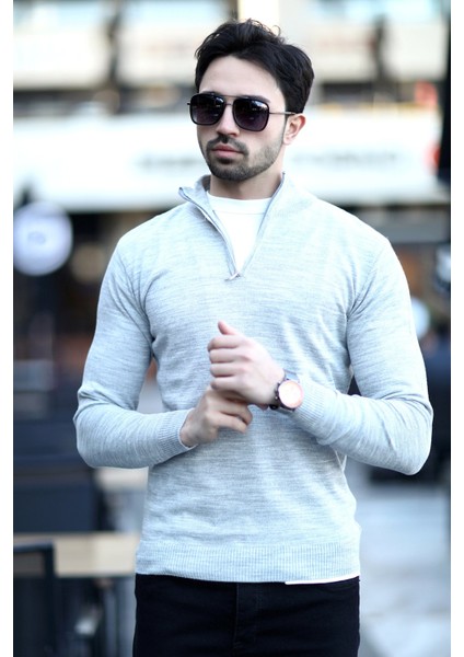 Erkek Dik Yaka Yarım Fermuarlı Triko Kazak Gri - 517 fiyatları