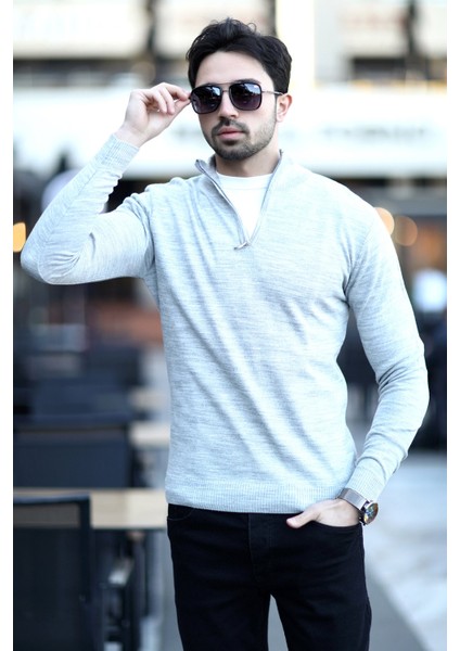 Erkek Dik Yaka Yarım Fermuarlı Triko Kazak Gri - 517 modelleri